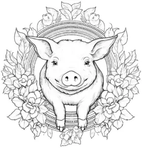 ausmalbild-mit-schwein-und-blumenrahmen
