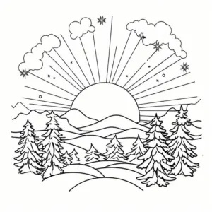 ausmalbild-mit-sonnenaufgang-ueber-nadelbaeumen-und-bergen