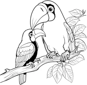 ausmalbild-mit-tukan-voegeln-auf-baumast