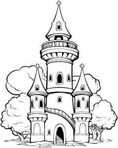 ausmalbild-mit-turm-und-baeumen