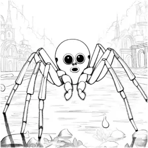 ausmalbild-mit-ueberraschter-spinne-und-fantasievoller-landschaft