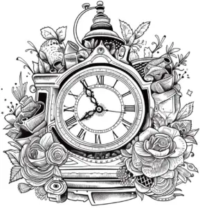 ausmalbild-mit-uhr-und-blumenarrangement