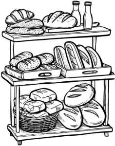 ausmalbild-mit-verschiedenen-backwaren-auf-einem-regal