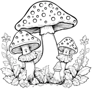 ausmalbild-mit-verschiedenen-bunten-pilzen-in-der-natur