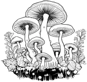 ausmalbild-mit-verschiedenen-pilzen-in-natuerlicher-umgebung