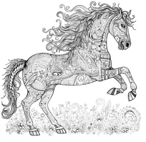ausmalbild-mit-verzierten-pferd-und-blumen