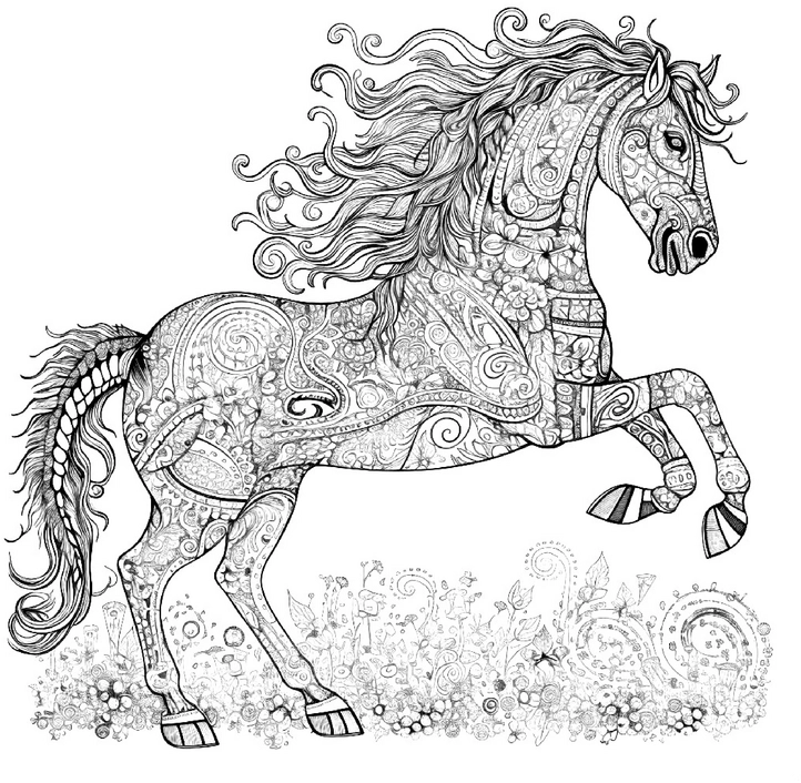 ausmalbild-mit-verzierten-pferd-und-blumen