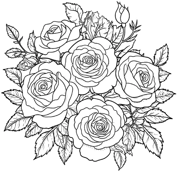 ausmalbild-mit-vielen-rosen-und-blaettern