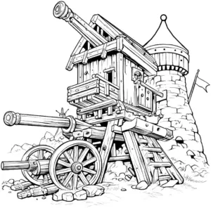 ausmalbild-mittelalterliche-belagerungswaffe-und-turm