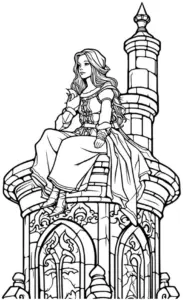 ausmalbild-mittelalterliche-prinzessin-auf-turm
