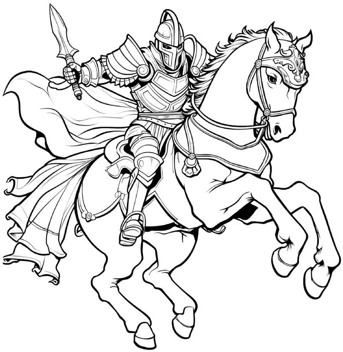 ausmalbild-mittelalterlicher-krieger-auf-pferd-mit-schwert