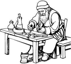 ausmalbild-mittelalterlicher-zimmermann-an-werkbank-mit-werkzeugen
