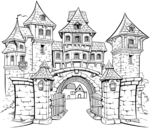ausmalbild-mittelalterliches-schloss-mit-tuern-und-tor
