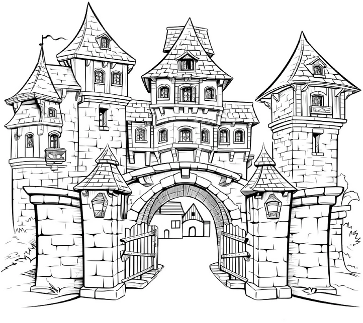 ausmalbild-mittelalterliches-schloss-mit-tuern-und-tor