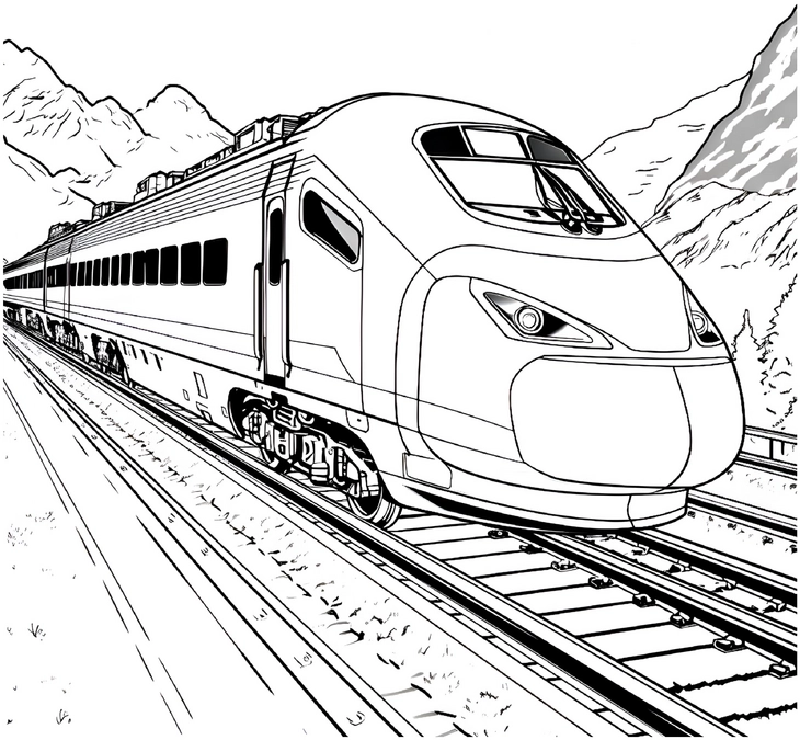 ausmalbild-moderner-zug-in-berglandschaft