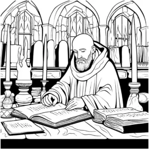 ausmalbild-moench-im-kloster-mit-buechern-und-kerzen