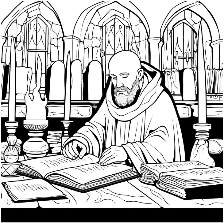 ausmalbild-moench-im-kloster-mit-buechern-und-kerzen