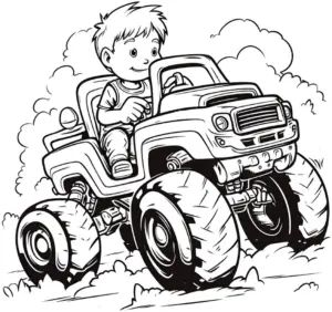 ausmalbild-monstertruck-und-kind-fahrt-abenteuer