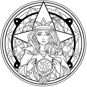ausmalbild-mystische-hexe-mit-fuenfzackstern-und-mandala