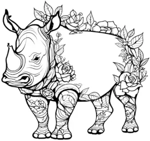 ausmalbild-nashorn-mit-blumenrahmen