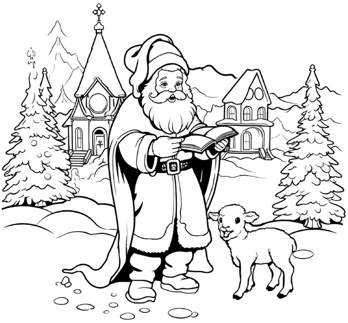 ausmalbild-neugieriger-st-nikolaus-mit-schaf-und-winterlandschaft