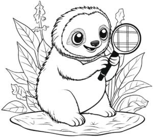 ausmalbild-neugieriges-faultier-mit-lupe-und-pflanzen