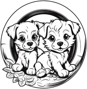 ausmalbild-niedliche-welpen-auf-reifen
