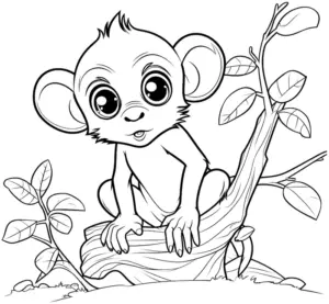 ausmalbild-niedlicher-baby-affe-auf-baumstamm