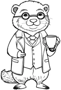 ausmalbild-niedlicher-otter-mit-brille-und-becher