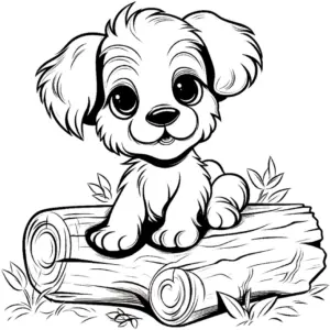 ausmalbild-niedlicher-welpe-auf-baumstamm