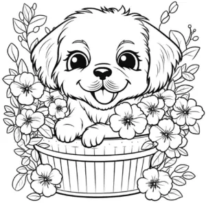 ausmalbild-niedlicher-welpe-im-korb-mit-blumen