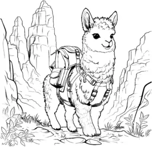 ausmalbild-niedliches-alpaka-mit-rucksack-in-berglandschaft