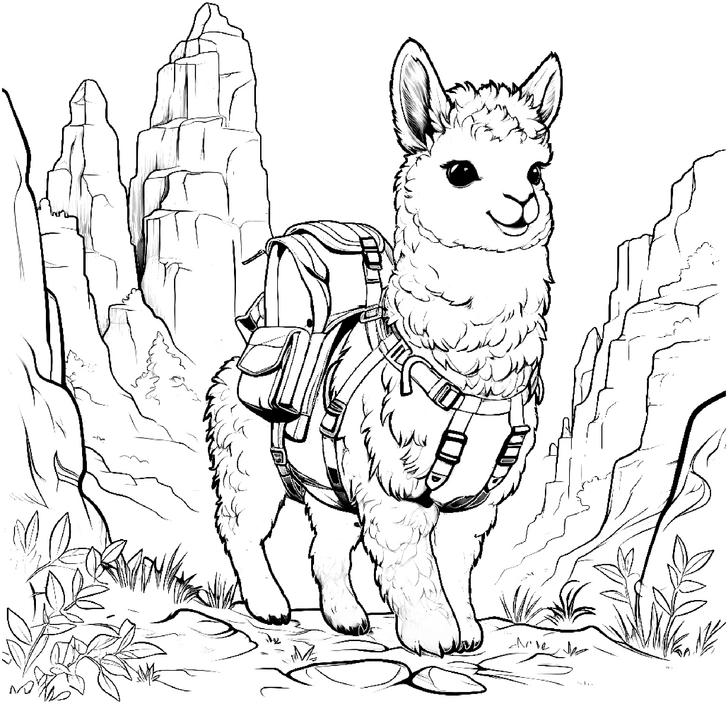 ausmalbild-niedliches-alpaka-mit-rucksack-in-berglandschaft