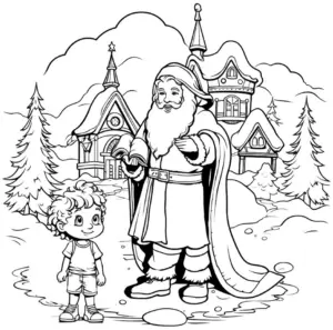 ausmalbild-nikolaus-mit-junge-vor-weihnachtsdorf