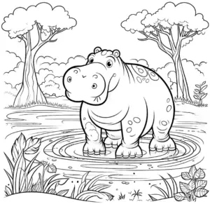 ausmalbild-nilpferd-im-wasser-zwischen-baeumen