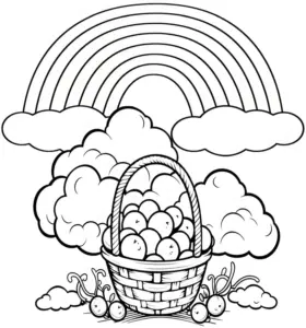 ausmalbild-obstkorb-mit-regenbogen-und-wolken