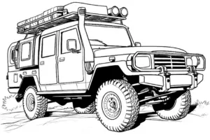 ausmalbild-offroad-fahrzeug-mit-dachgepaecktraeger