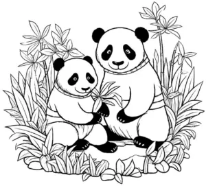 ausmalbild-pandas-im-bambuswald