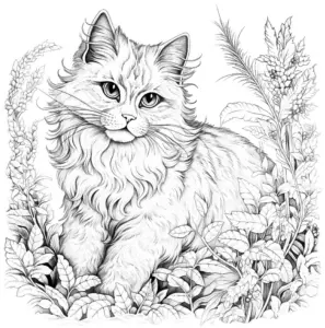 ausmalbild-pelzige-katze-im-gruenen