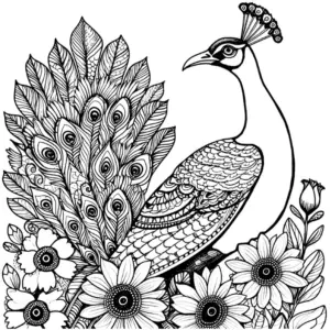 ausmalbild-pfau-mit-blumen-und-blaettern