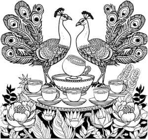 ausmalbild-pfaue-und-tee-servier-mit-blumen