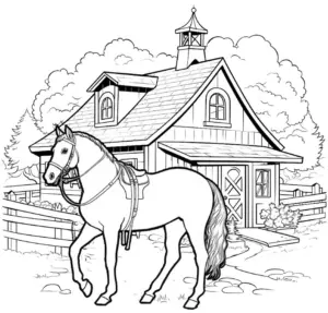 ausmalbild-pferd-vor-reiterhof-in-laendlicher-umgebung