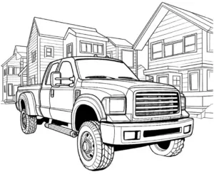 ausmalbild-pickup-truck-vor-wohnhaeusern
