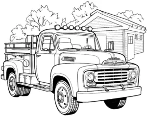 ausmalbild-pickup-vor-haus-und-baeumen