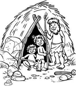 ausmalbild-praehistorische-familie-vor-hoehle