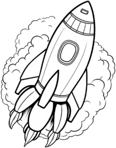 ausmalbild-rakete-im-weltall-mit-rauch-und-wolken