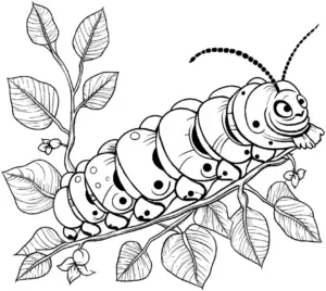 ausmalbild-raupe-auf-ast-mit-blaettern