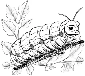 ausmalbild-raupe-auf-einem-ast-mit-blaettern