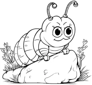 ausmalbild-raupe-auf-einem-felsen-mit-antenne-und-pflanzen