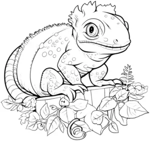 ausmalbild-reptil-auf-baumstamm-mit-pflanzen
